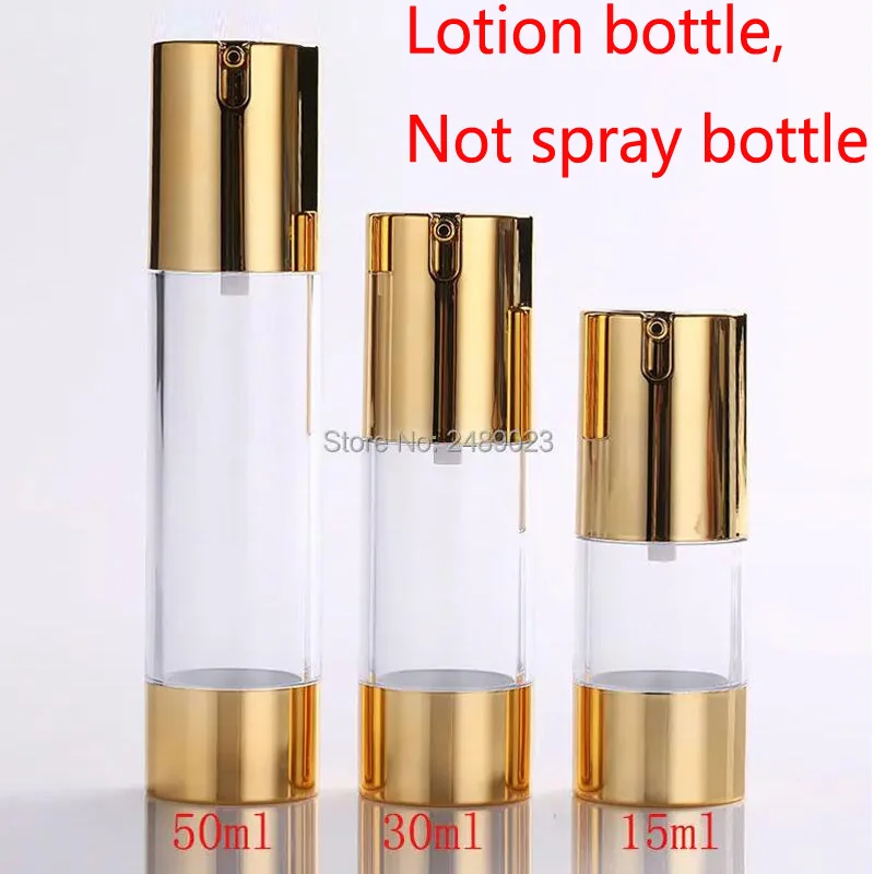 10pcs/lot Gold 15ml 30ml 50ml Airless Pump with Clear Body Bottle By Self Empty Reusable Refillable Diy Skin Care Creations