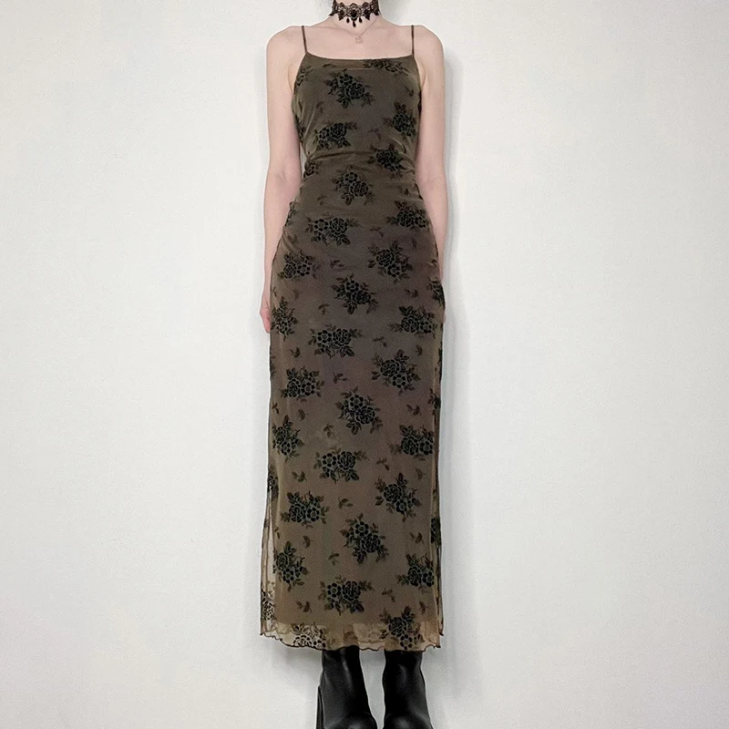Darlingaga Y2K Retro Fashion Strap Printing Summer Maxi Dress Women Fairycore Grunge Chic Party Long Mesh Dresses Gothic Clothes