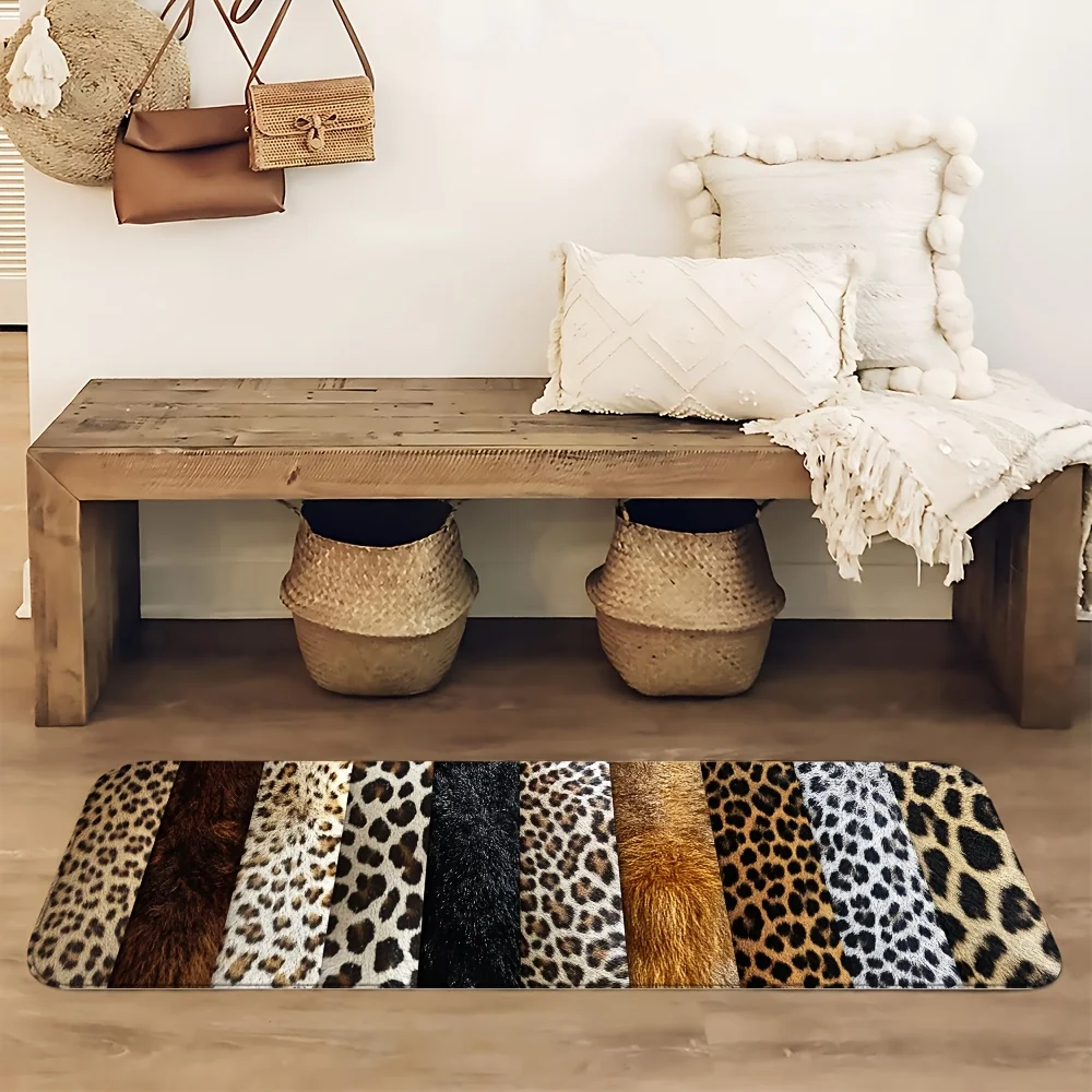 Vintage Mixed Leopard Striped Faux Fur Texture Long Runner Rug, Non-Slip Rug for Kitchen, Entryway, Bathroom & Living Room
