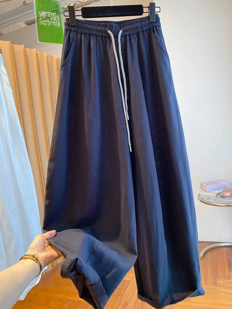 2026 New White Linen Pants Women High-End Loose Straight Wide Leg Trousers Summer Versatile Casual Long Pants