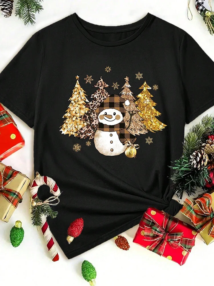 

Women's Cartoon Snowman Print Tops Christmas Tree TShirts Casual Short Sleeve Crew Neck Party Clothing Ladies Tops Clothing