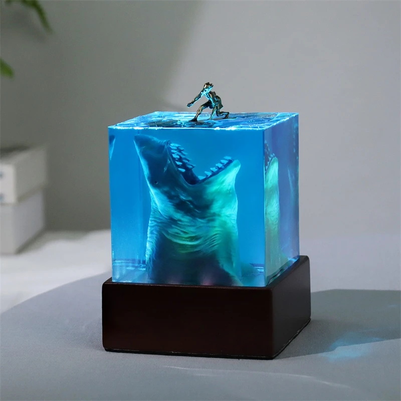 5cm Ocean Shark Night Light Ornament Handmade Resin Crystal Micro Landscape Art Desk Decor Creative Gift Home Office Display