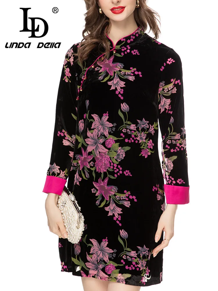 

LD LINDA DELLA Autumn New Style Vintage Runway Dress Women's Splice long sleeve Single-breasted Print Slim Fit Mini Dress