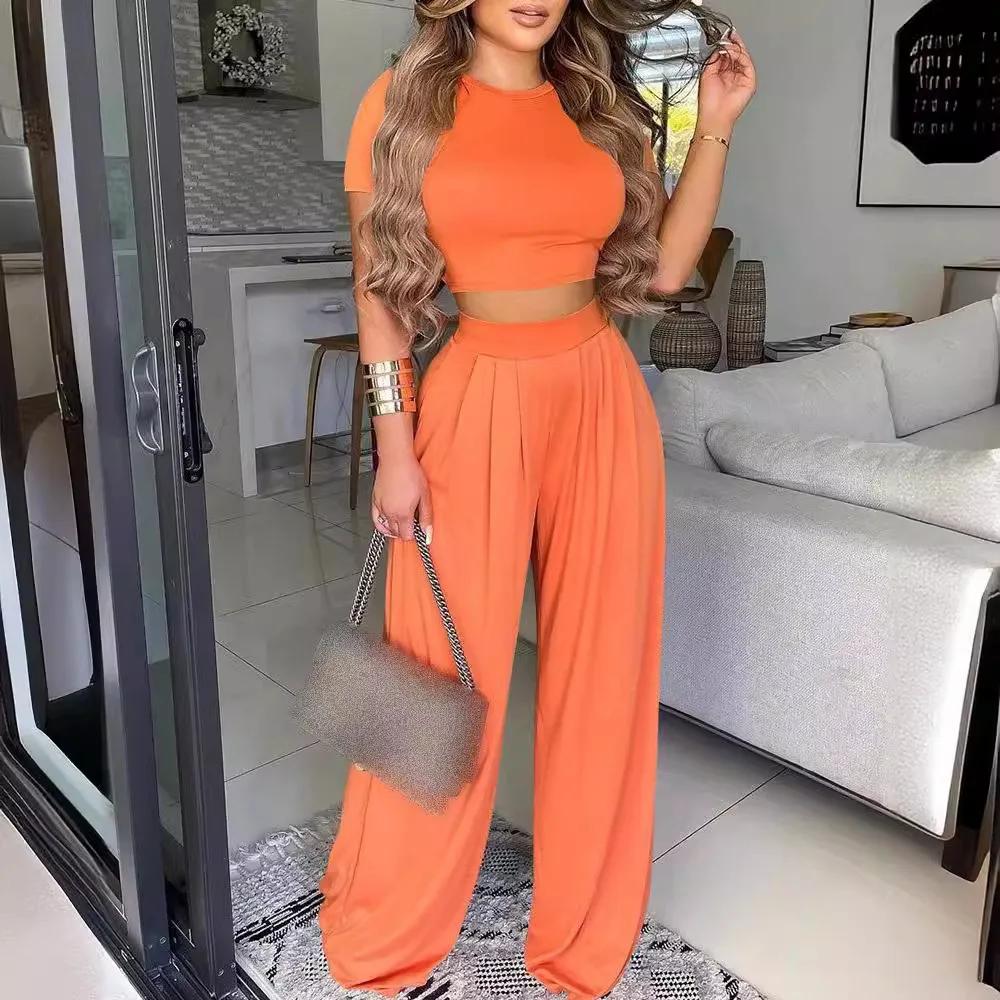 Elegant Women\'s Two Piece Sets Summer Solid O-neck Short Sleeve Slim Crop Short Top & Print High Waist Wide Leg Pants Outfits