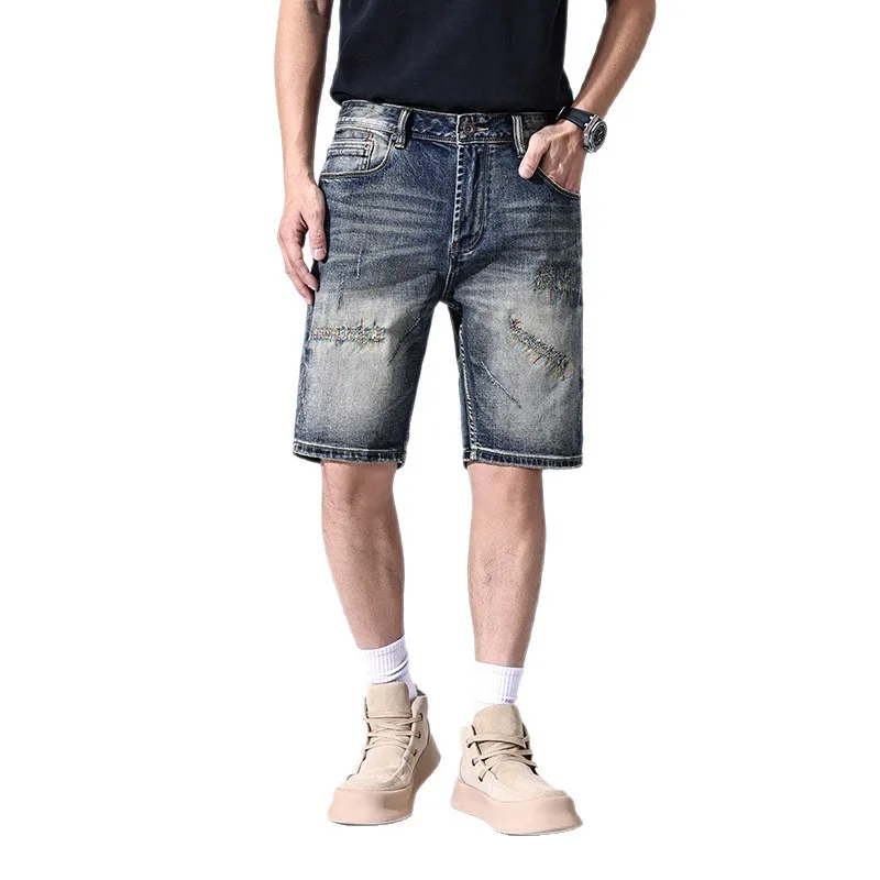 2025 الصيف الحد الأدنى فضفاض الدنيم السراويل للرجال الخفيفة الفاخرة اليابانية الشباب الحنين الدنيم السراويل ipped الجينز للرجال