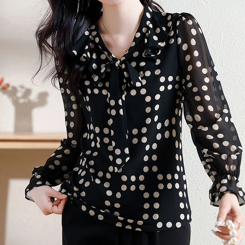 Summer Elegant Fashion Chic Sophisticated Shirt Office Lady Bow Three Quarters Sleeve V Neck Polka Dot Loose Casual Drape Top