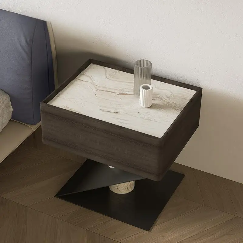 Solid Wood Nightstand with Marble Top, Italian Minimalist Bedside Cabinet, Luxury Designer Bedroom Furniture, Customizable
