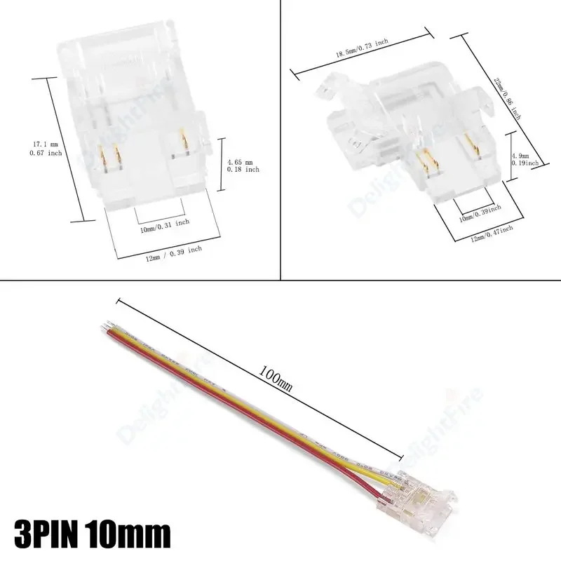 COB LED 와이어 커넥터, 솔더리스 미니 버클 연결, FCOB RGB CCT LED 스트립 조명용, 어두운 영역 커넥터 없음, 10mm, 3 핀