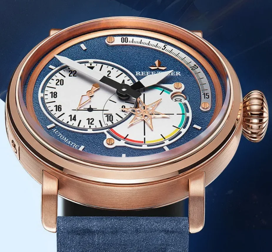 

Мужские автоматические часы Reef Tiger, 45 мм, роскошные механические наручные часы, сапфировое зеркало, светящаяся звезда, секундные стрелки, 24 часа