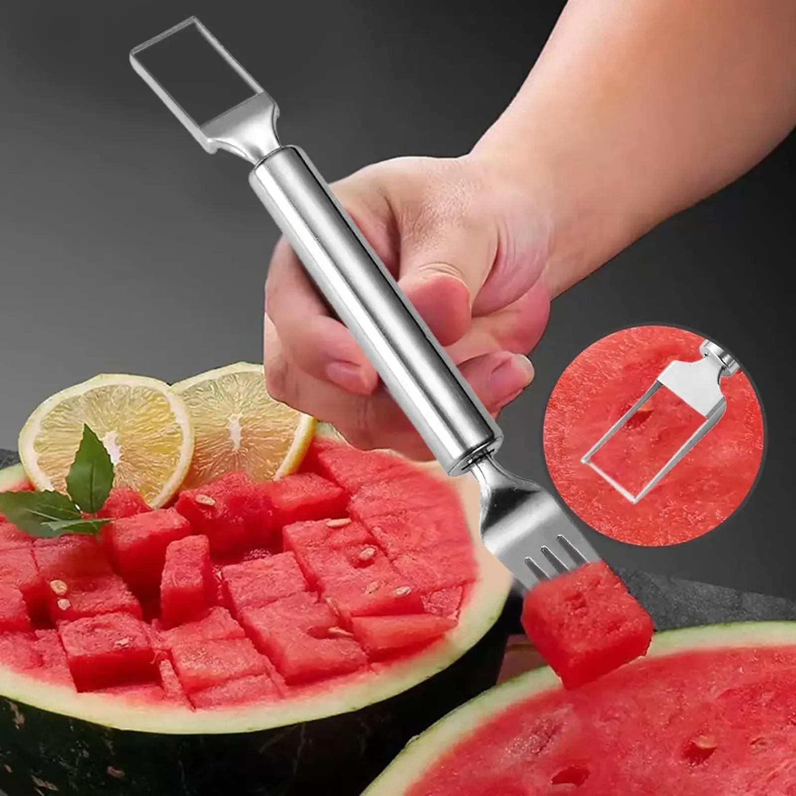2 in 1 Watermelon Fork Slicer Stainless Steel Windmill Watermelon Cutter Artifact Salad Fruit Slicer Cutter Tool Useful Tool
