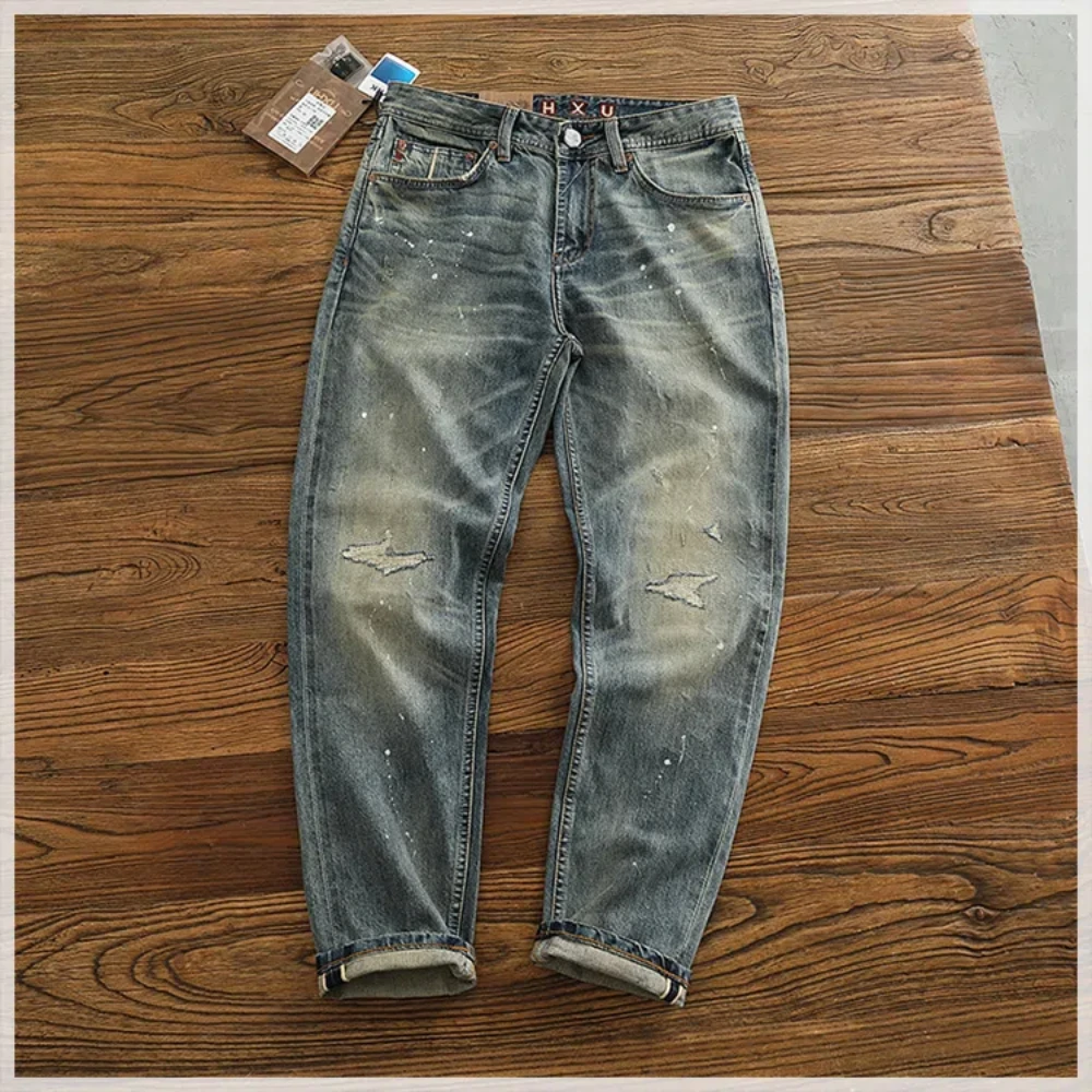 Medium thickness four seasons 12.5OZ Red denim pants Men's straight leg small foot spray painted cat to make old tapered pants