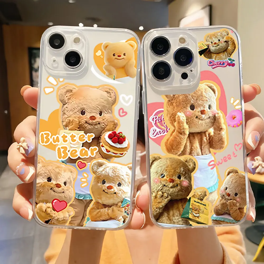 

Cute Butter Bear Phone Case for iPhone 11 12 13 14 15 16 Max Pro Plus Transparent Soft Shell