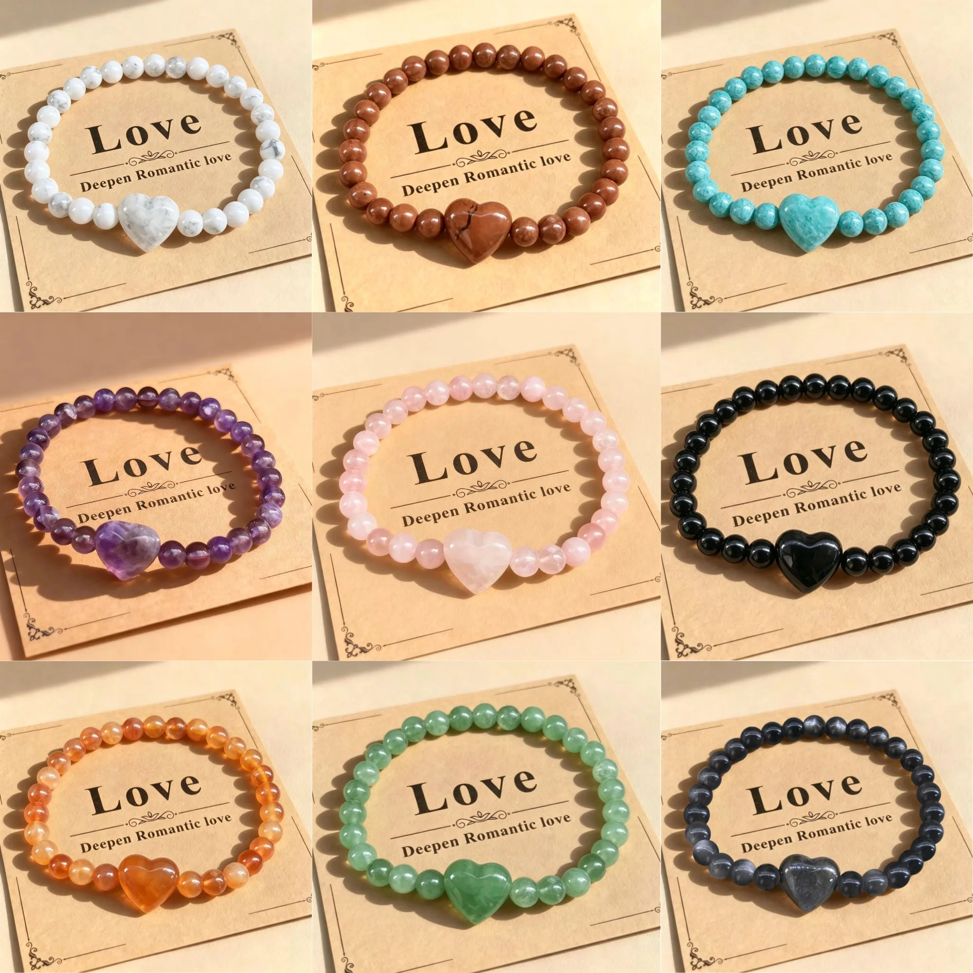 Natural Stone Heart Shape Beads Bracelet Rose Quartz Amethyst Tiger Eye Obsidian Unisex Jewelry Comfort Crystal