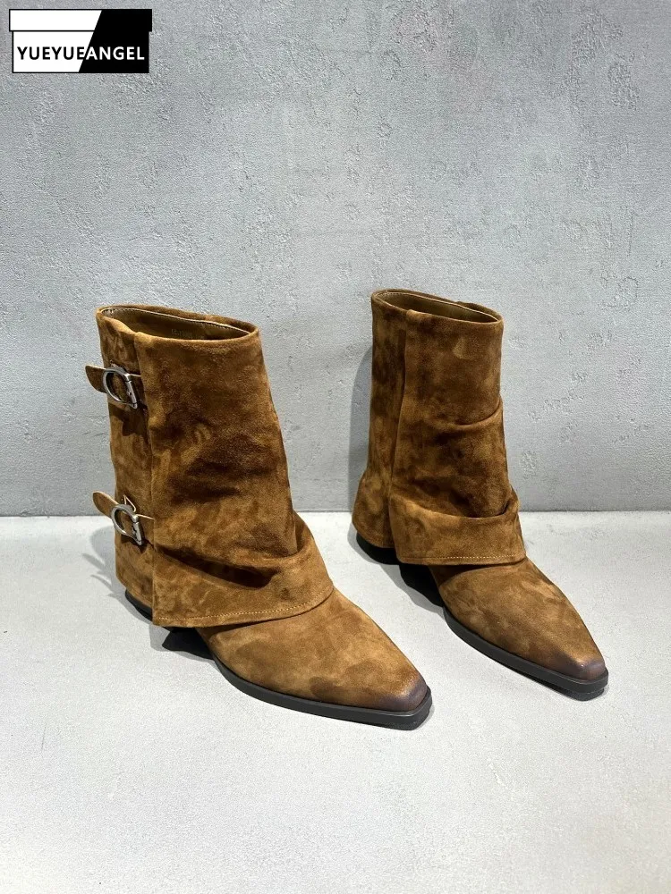 Euro-American Style Autumn Womens Genuine Leather Pointed Toe Ankle Boots Thick Heel Cow Suede Fashion Boots Slip-on Footwear