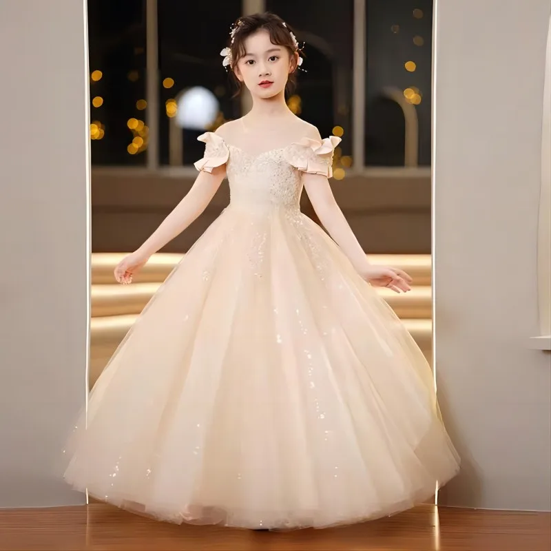 

Children's female long host flower girl dress skirt little girl fluffy yarn princess dress big child piano performance evening d