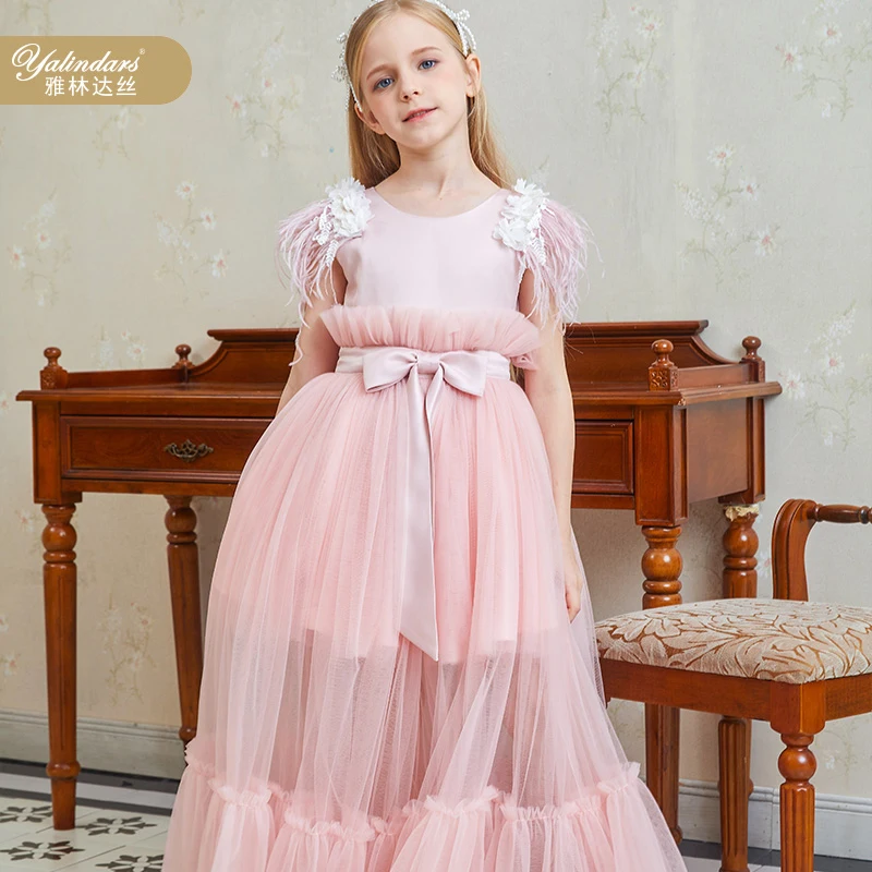 Unique Girls Princess Pageant Long Dress Kids Prom Ball Gowns Tulle Party Gown Age 3-16Y With Feather Sleeve