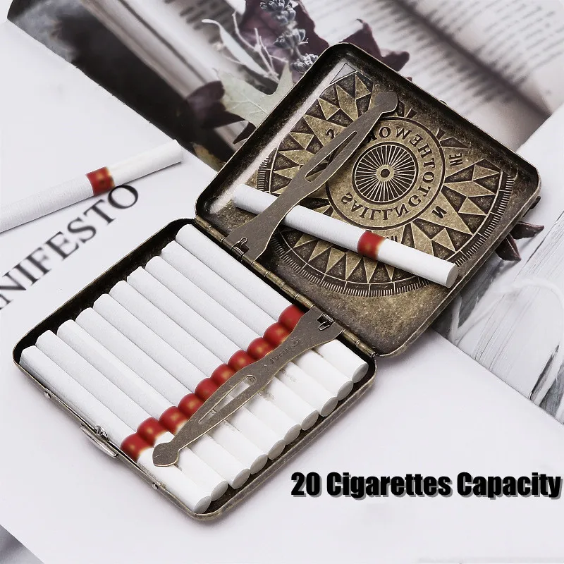 Vintage Metal Cigarette Case Box Portable 20 Cigarettes Case Holder Retro Smoke Tool Pocket Smoking Accessories Men Gifts