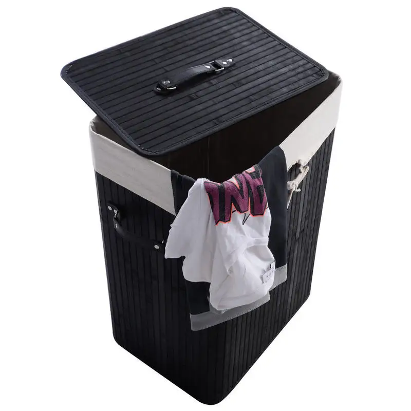 

Rectangle Bamboo Hamper Laundry Basket Washing Cloth Bin Storage Bag Lid 3 color-Black