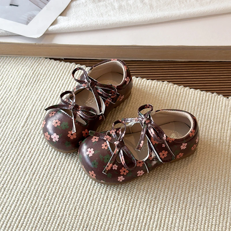 Baby Girls Leather Shoes Spring Autumn Children Floral Bow Princess Shoes Non-slip Soft Sole Toddler Kids Casual Shoes