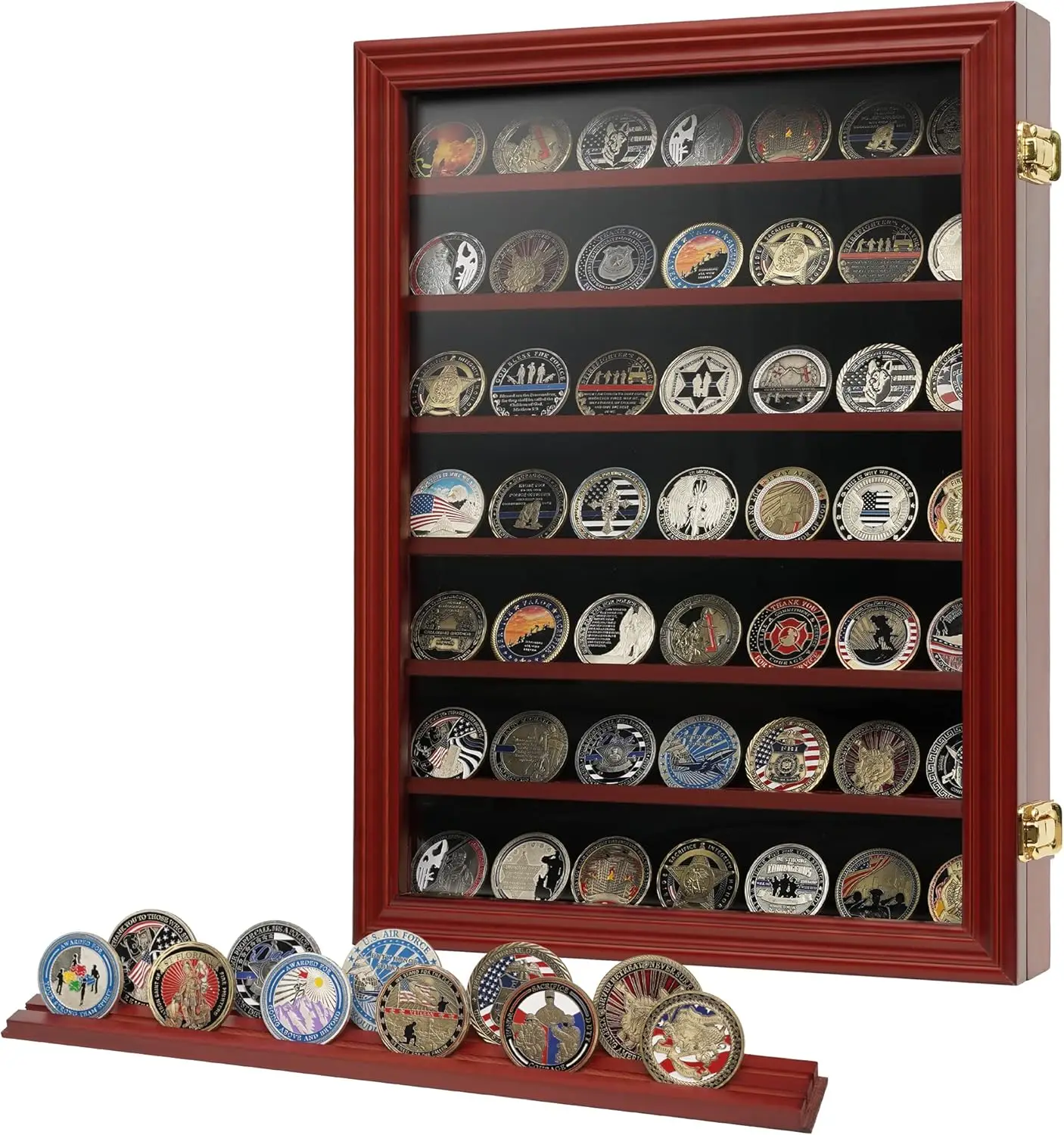 

7-Row Challenge Coin Display Case with Tempered Glass, Holds 100 Coins, Wall-Mountable Cabinet for Medals and Poker Chips