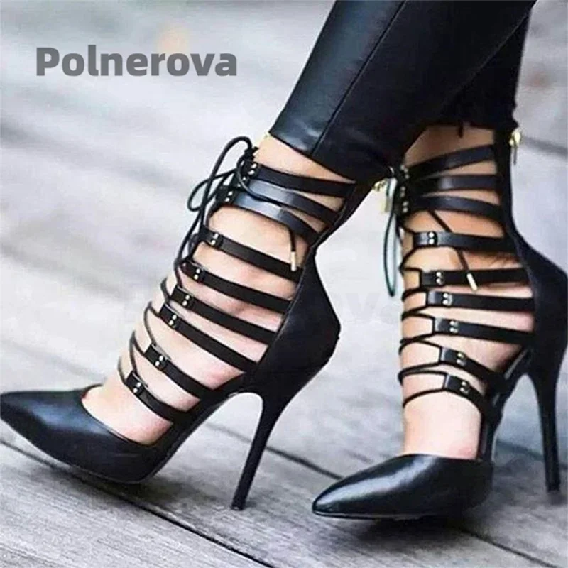 

Cross Strap Black Leather Pumps Women Hollow Sexy Pointed Toe Stiletto Gladiator Sandals Cut-Out Party Catwalk Summer Shoes