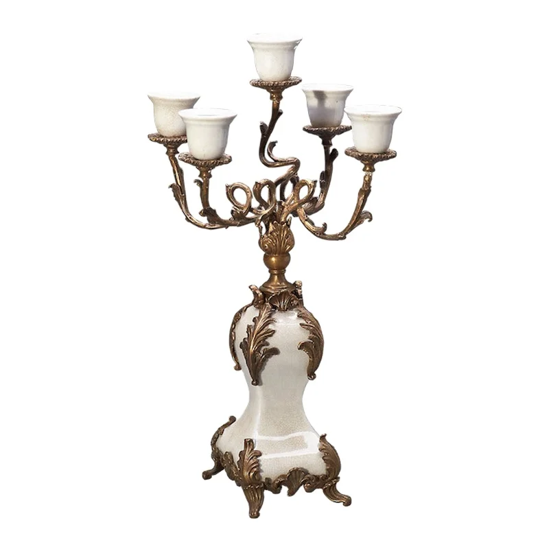 European antique style white ceramic pigeon bell base 5 arm candlestick retro copper porcelain home decoration candlestick