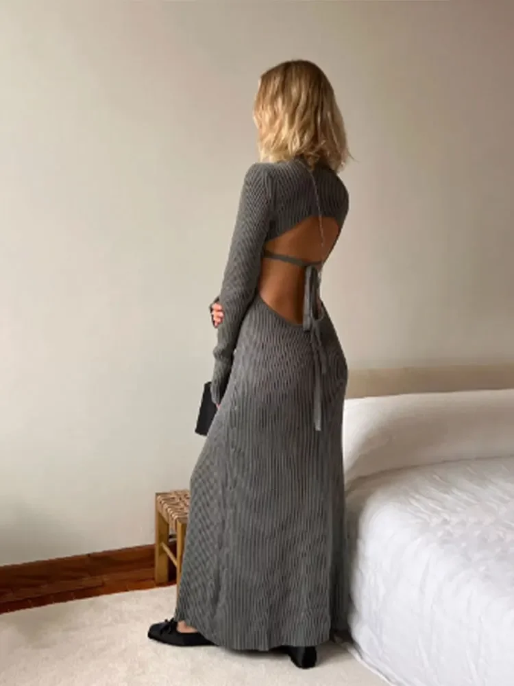 

Women Elegant Full Sleeve Turtleneck Knitted Long Dress Sexy Backless Lace Up Slim Maxi Dresses Autumn Female High Street Robes