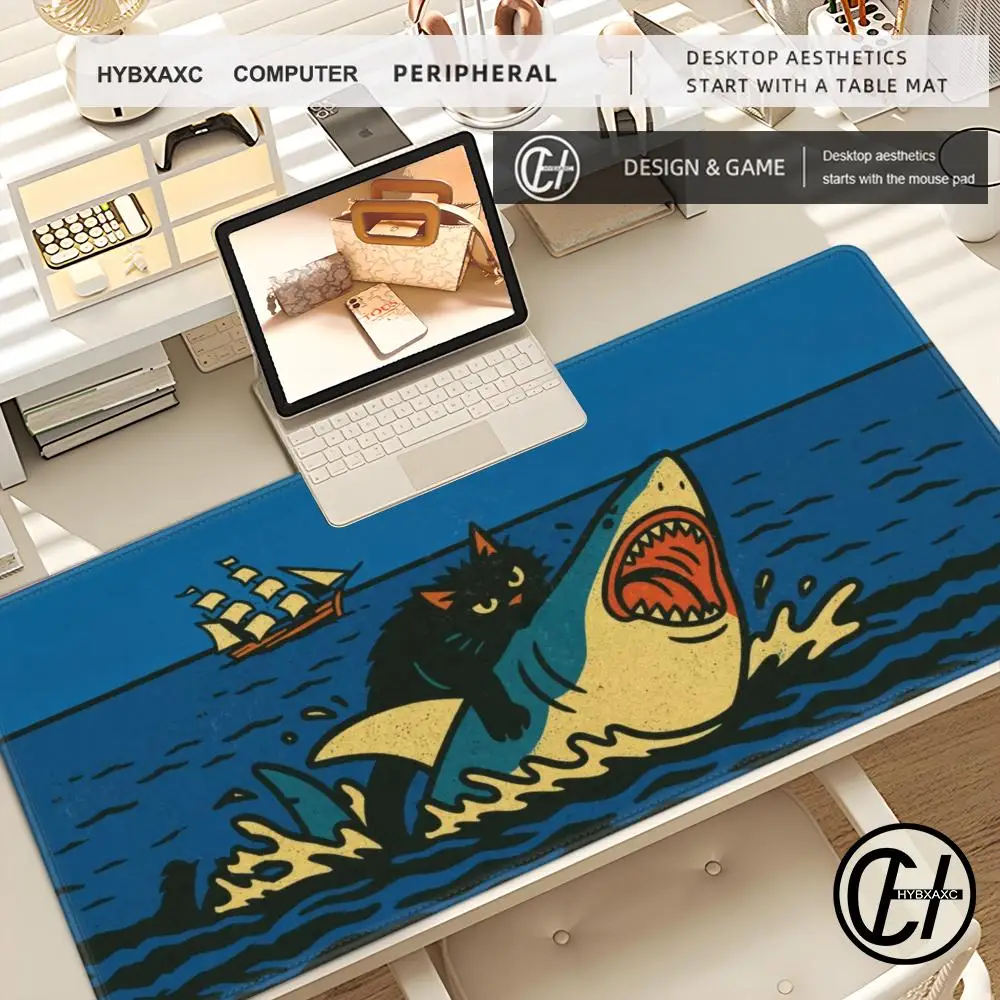 HYBXAXC Large Mouse Pad PC Keyboard Pad Funny Black Cat Riding Shark Ocean Art Painting Print Non Slip Rubber Base Stitched Edge