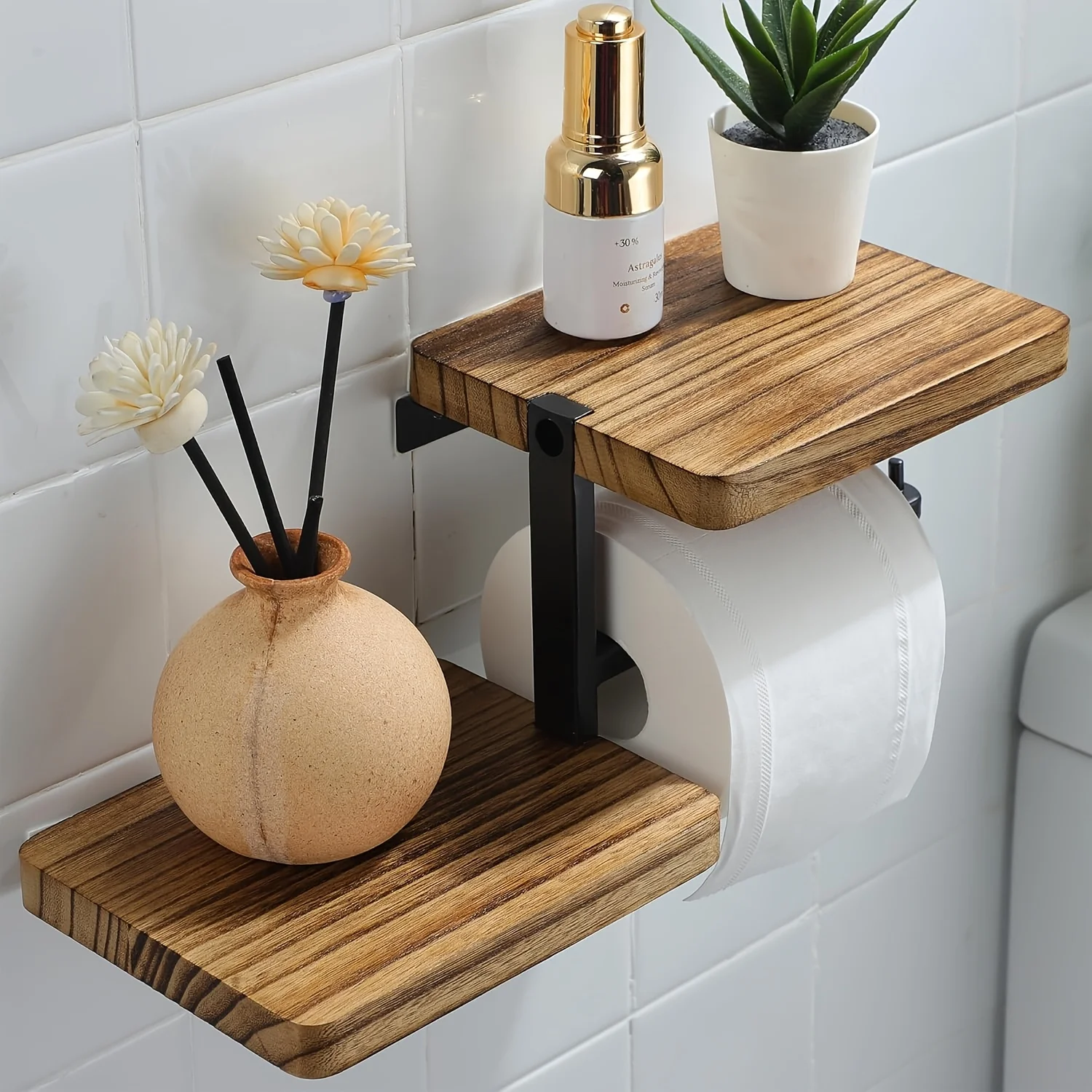 

1pc Wooden Wall Mounted Bathroom Wallpaper Rack Toilet Paper Roll Holder Black Hanging Tissue Roll Dispenser Kitchen Accessories