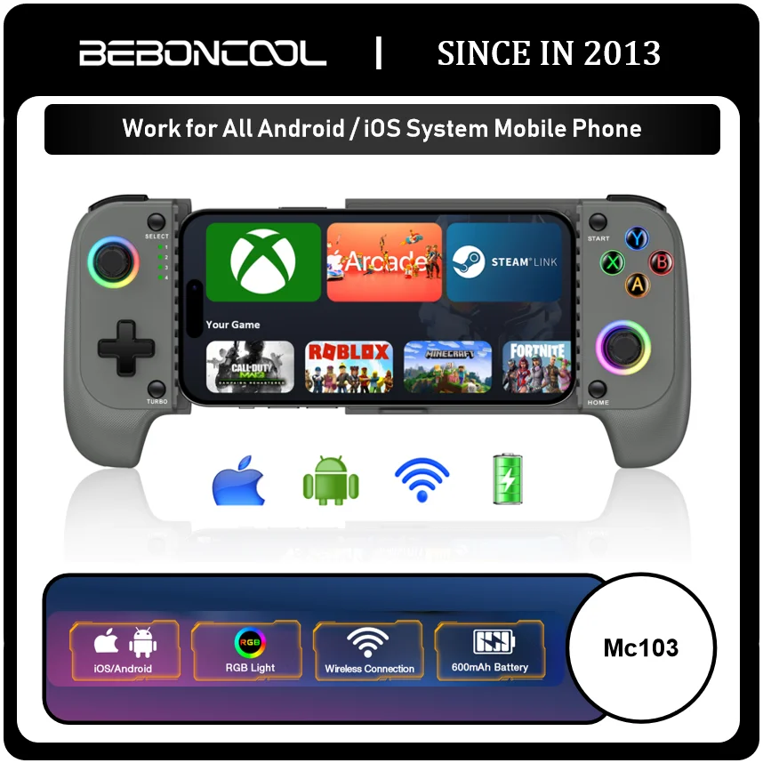 BEBONCOOL MC103 RGB Wireless Mobile Phone Hall Effect Gamepad Bluetooth Connection for Android/iOS/Cloud Gaming Xbox Game