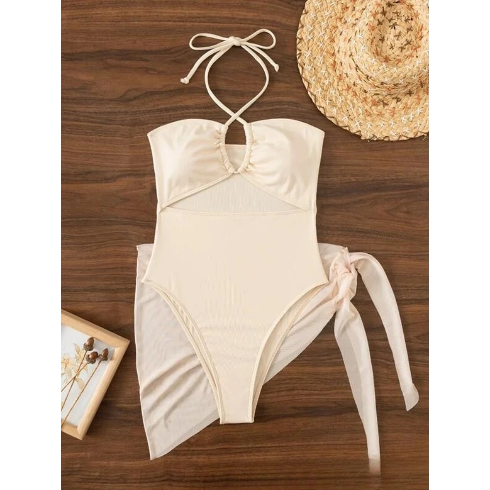 2026 Women 3‑Piece Solid One‑Piece Swimsuit Criss‑Cross Halter Cutout Bathing Suit Side Tie Wrap Skirt Cover‑Up Beach Swimwear