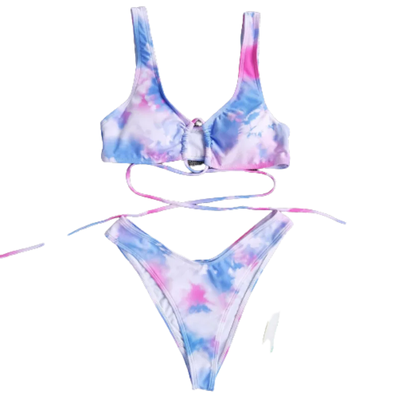 

Summer Suits Push Up Swim Underwire Bikini Print Swimsuit Tie Dye Set V Shape Low Waist Two-pieces Bikini Set Swimwear Women