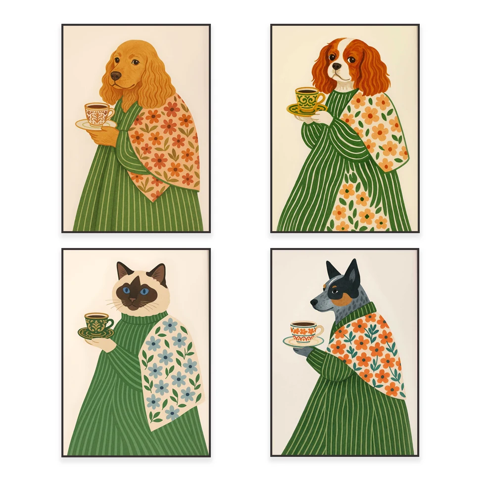 Cocker spaniel, cavalier king charles spaniel, cat, australian cattle dog print, dog and coffee floral art, beige neutral poster