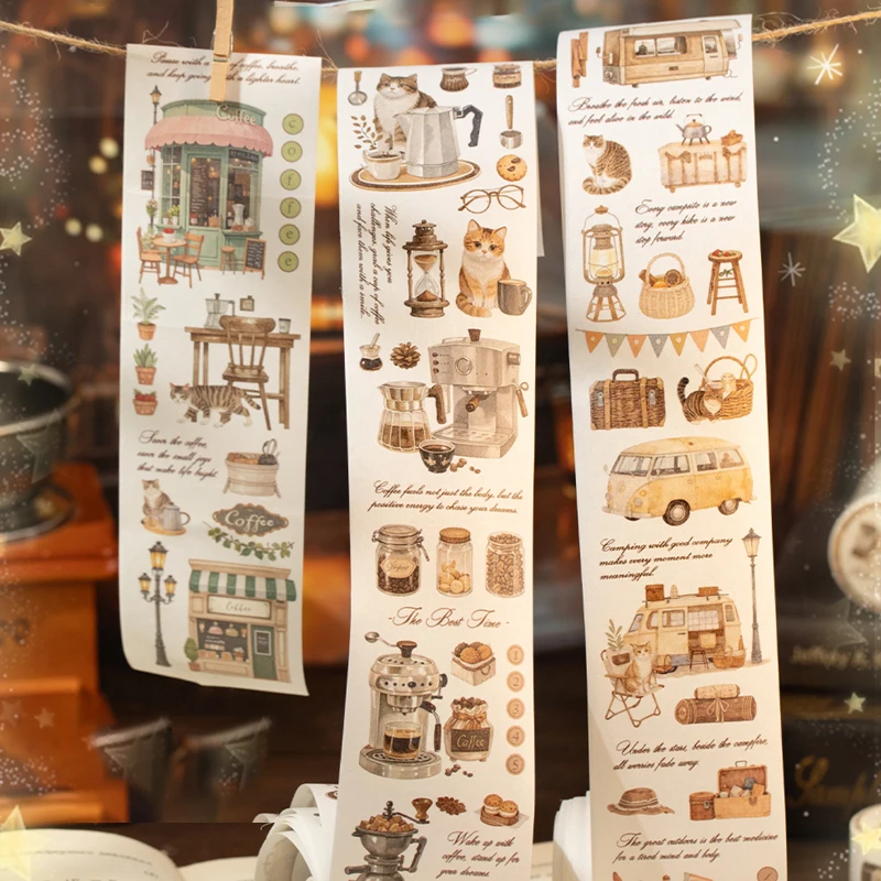 Mr.Paper 2 Rollen Coffee & Cat Washi Tape Set, dekoratives Masking Tape mit Vintage-Kätzchen- und Café-Szene-Motiv für Scrapbooking-Journal