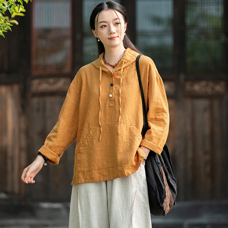 Femmes coton lin décontracté sweats à capuche nouveauté 2025 automne Style Vintage couleur unie femme à manches longues pulls à capuche M1838