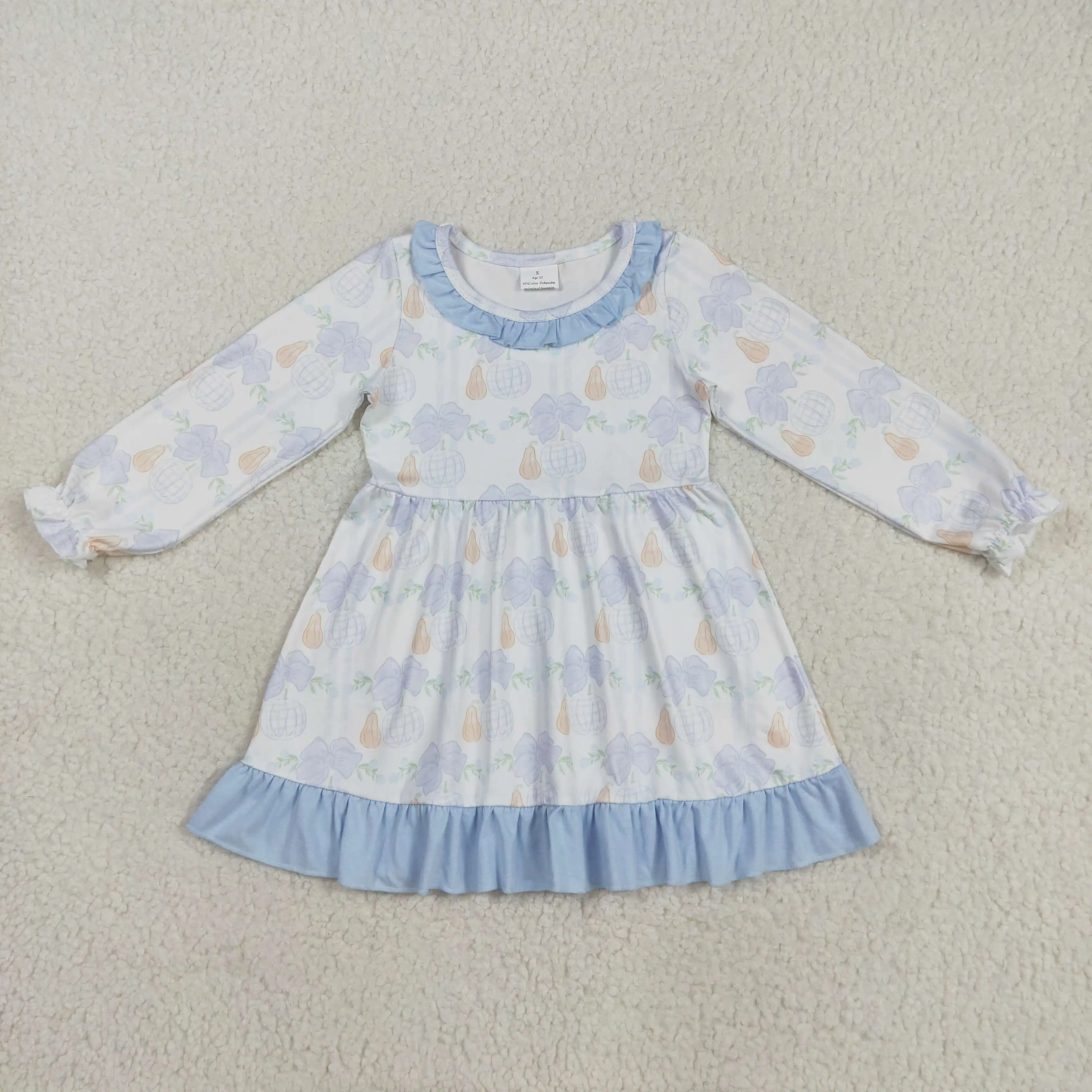 

Thanksgiving girls autumn dress wholesale boutique pumpkin bow pattern blue lace white long sleeve baby dress