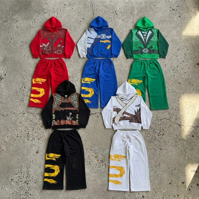 

Комплект из 2 предметов в стиле Y2K: худи на молнии с принтом аниме-персонажей и широкие брюки. Модный уличный стиль, 5 цветов, для повседневной носки.