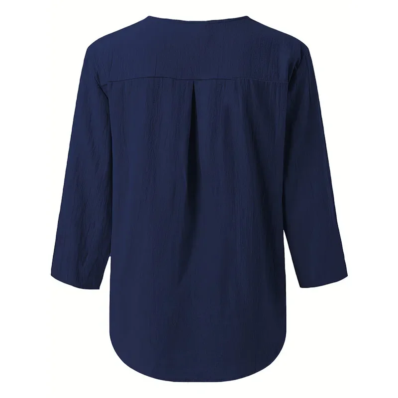 2025 สไตล์เรียบง่ายเสื้อผู้หญิงVคอปุ่มตกแต่งPulloverหญิงElegantสีทึบผ้าฝ้ายผ้าลินินเสื้อหลวม