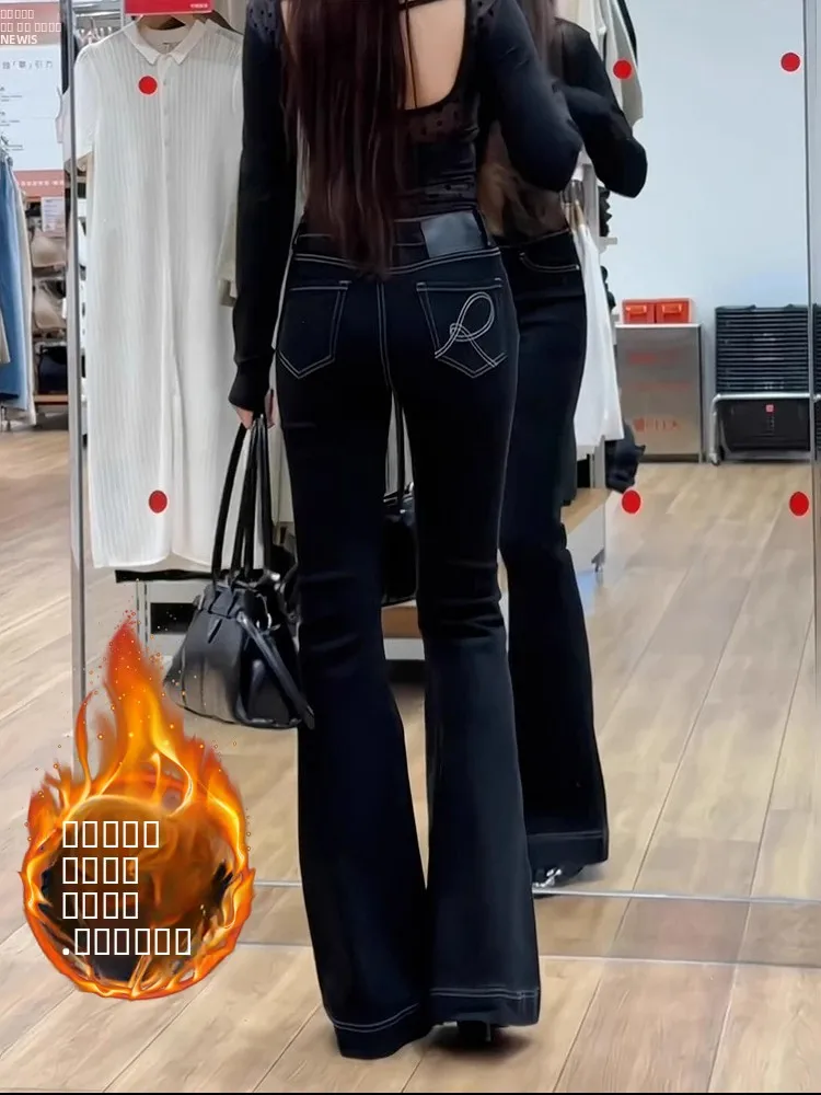 

Утепленные джинсы-клеш с флисовой подкладкой, женские длинные брюки с высокой талией, зимние теплые облегающие модные черные джинсовые брюки