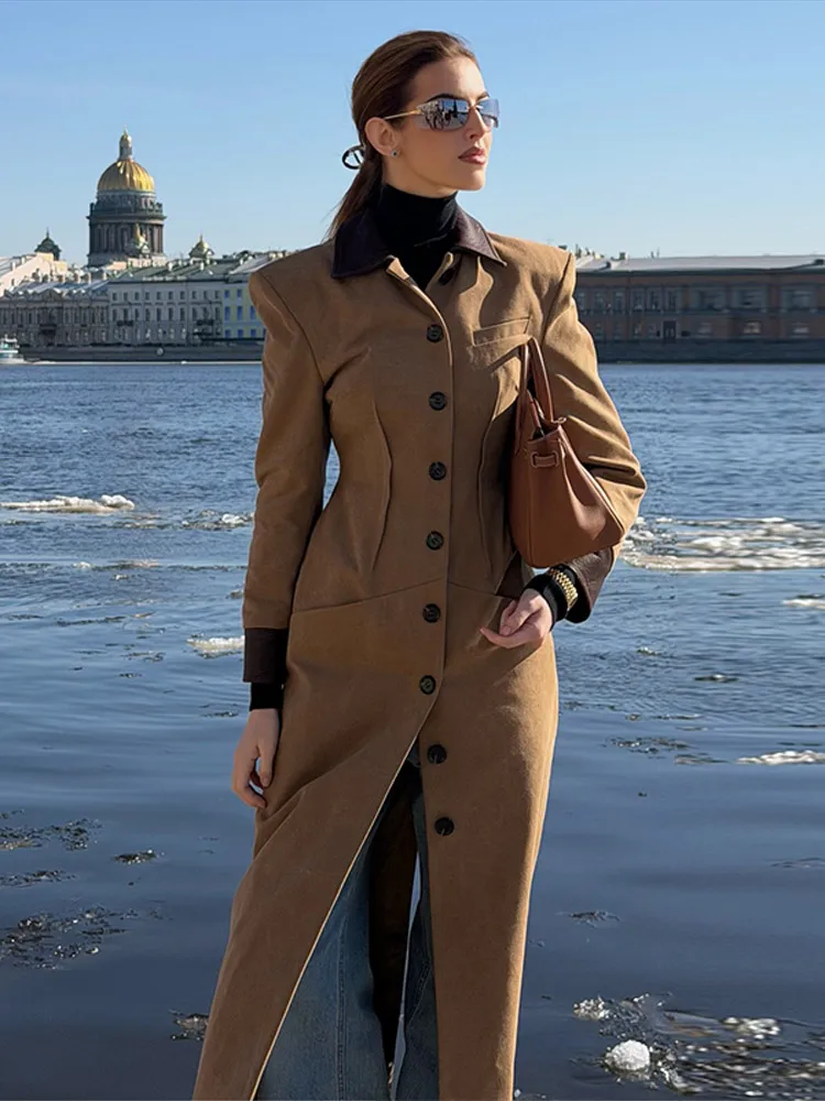 Turn-down Collar Pockets Women's Trench Coat Elegant Long Sleeve 2026 Spring Autumn Fashion High Street Casual  Windbreaker