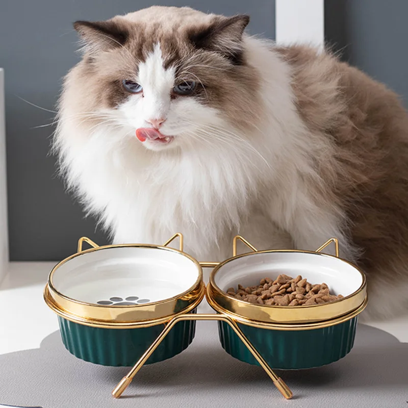 Cat Ceramic Bowl Pet Feede with Metal Stand Elevated Kitten Puppy Food Feeding Raised Dish Safe Non-Toxic Dog Supplies