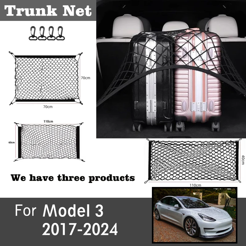 

For Tesla Model 3 2017-2024 Car Trunk Elastic String Net Magic Sticker Universal Storage Bag Pocket Cage Auto Organizer Bag Nets