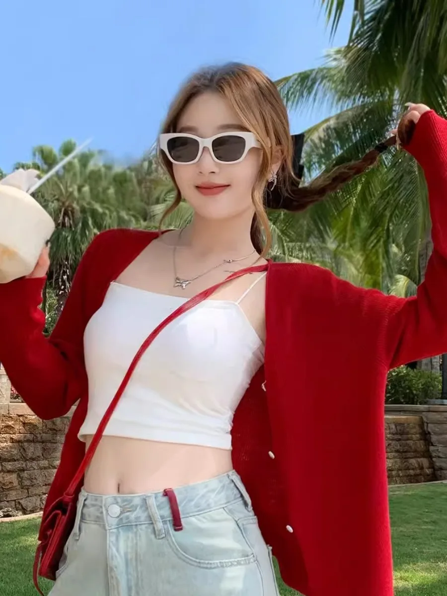 

Красный вязаный открытый кардиган, женская летняя легкая верхняя одежда awl Sve V-Ne Long Sve из полиэфирного волокна для поездок на работу Sle