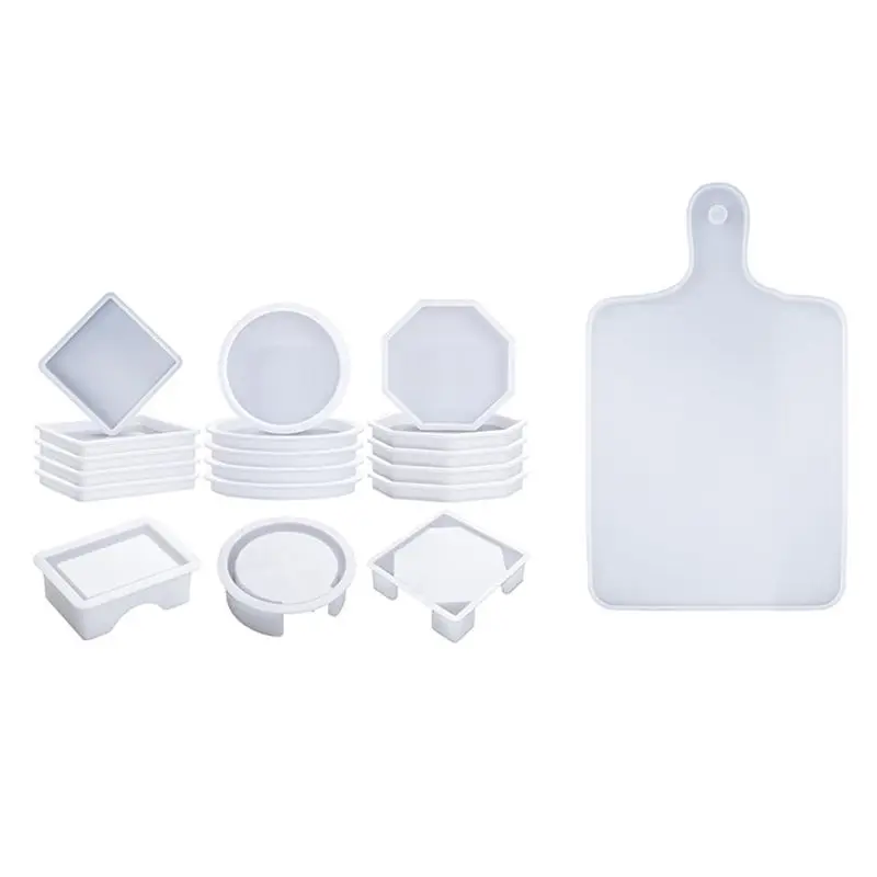 

【Ship Within 18 Pcs Coaster Resin Molds Silicone, Coaster Molds With Round Square Octagon Shape Holder Molds With Tray Molds