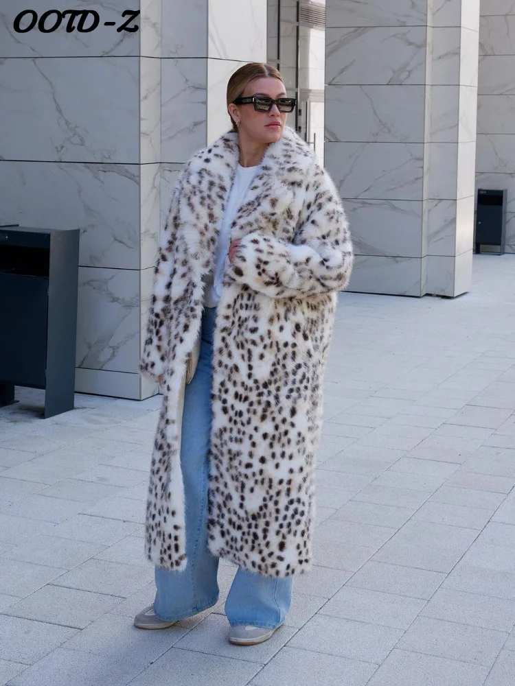 

Fashion Faux Fur Leopard Print Women Long Coat Loose Full Sleeves Lapel Lace Up Lady Woolen Coats Autumn Winter Outwears Female