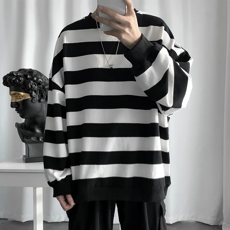 Spring Autumn Men\'s Fashion Striped T-shirt Youth Round Neck Long Sleeve Bottomed Shirts Pullover