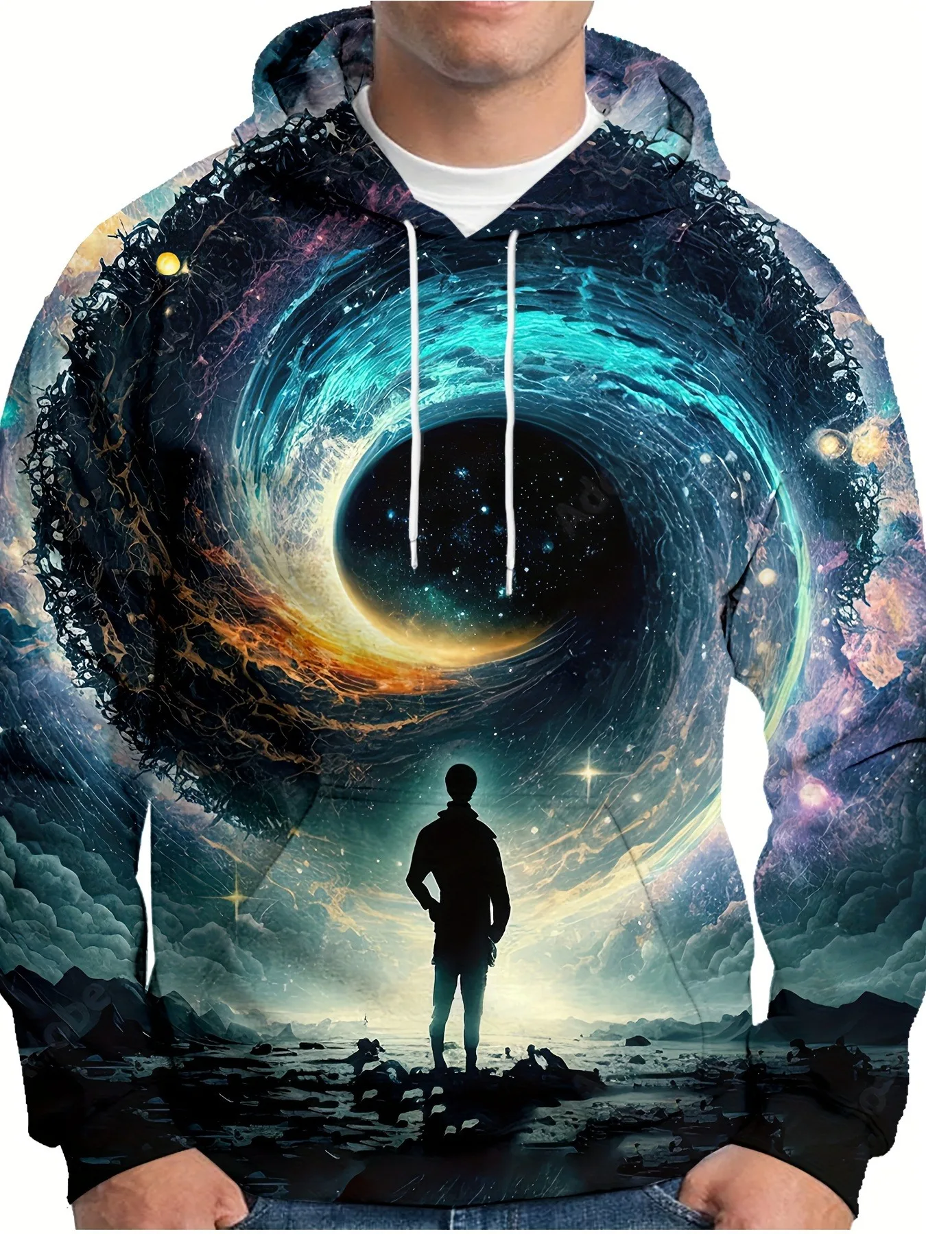 Men Cosmic Black Hole Galaxy 3D Print Hoodie Space Starry Sky Scenery Long Sleeve Pullover Hooded Sweatshirt With Pocket