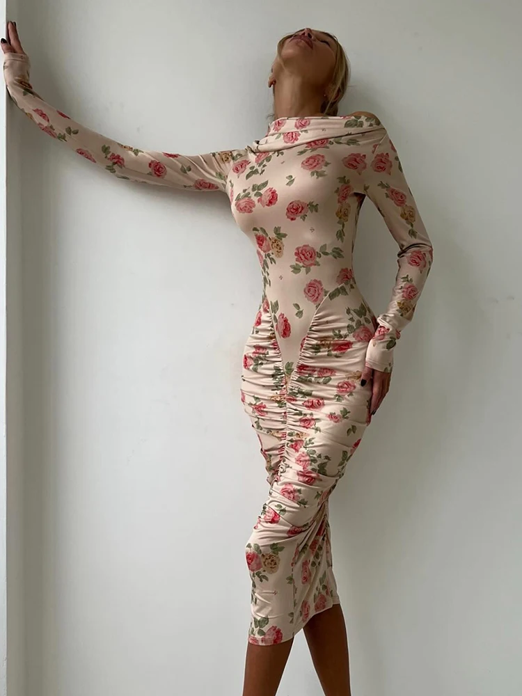 Cutenew Elegant Rose Print Dress Women Sexy Chic Peach Buttocks Slash Neck Full Sleeve Vacation Birthday Stretch Skinny Bodycon
