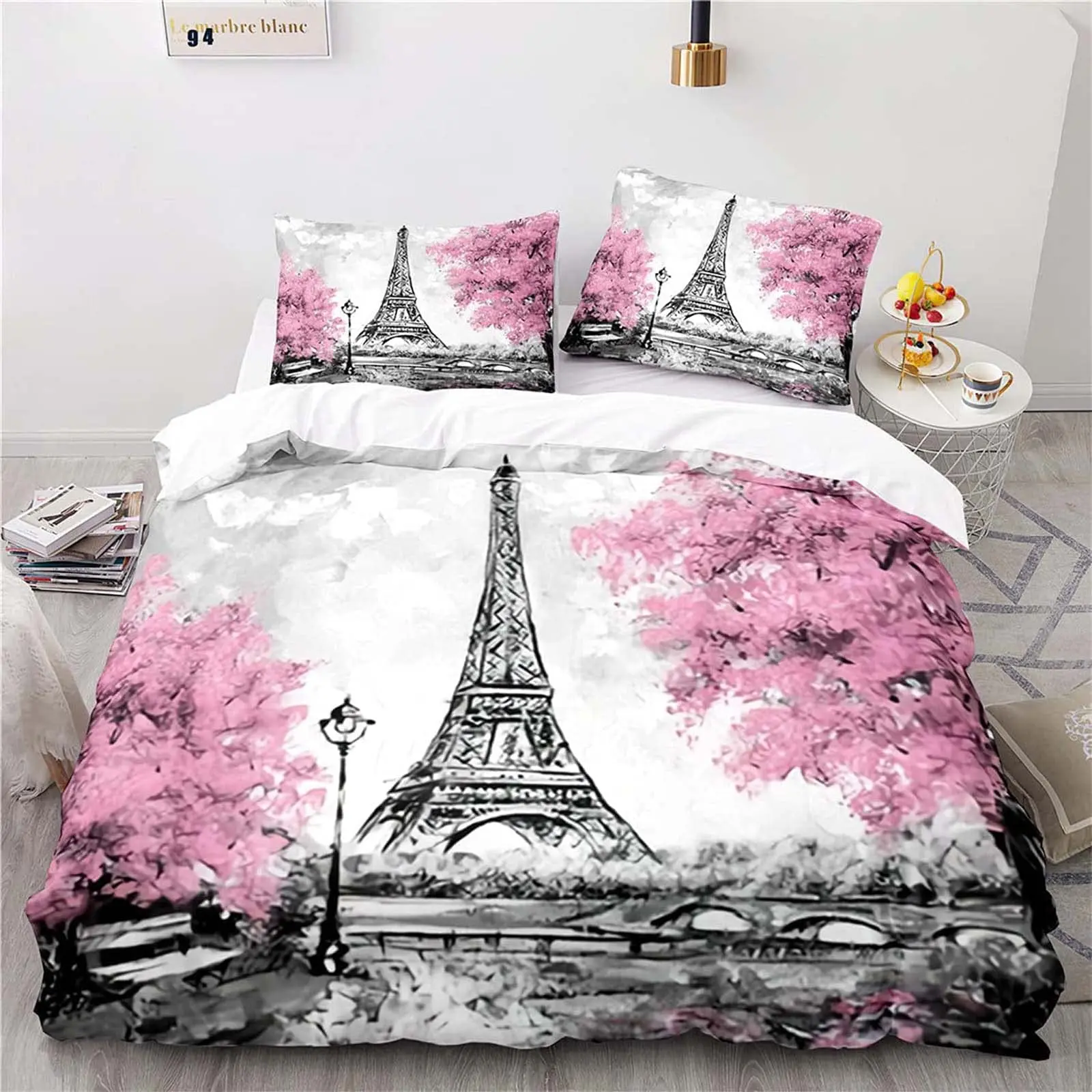 

Vintage Eiffel Tower Duvet Cover - Beautiful World - Famous Building with Sakura Theme, for Kids Girls