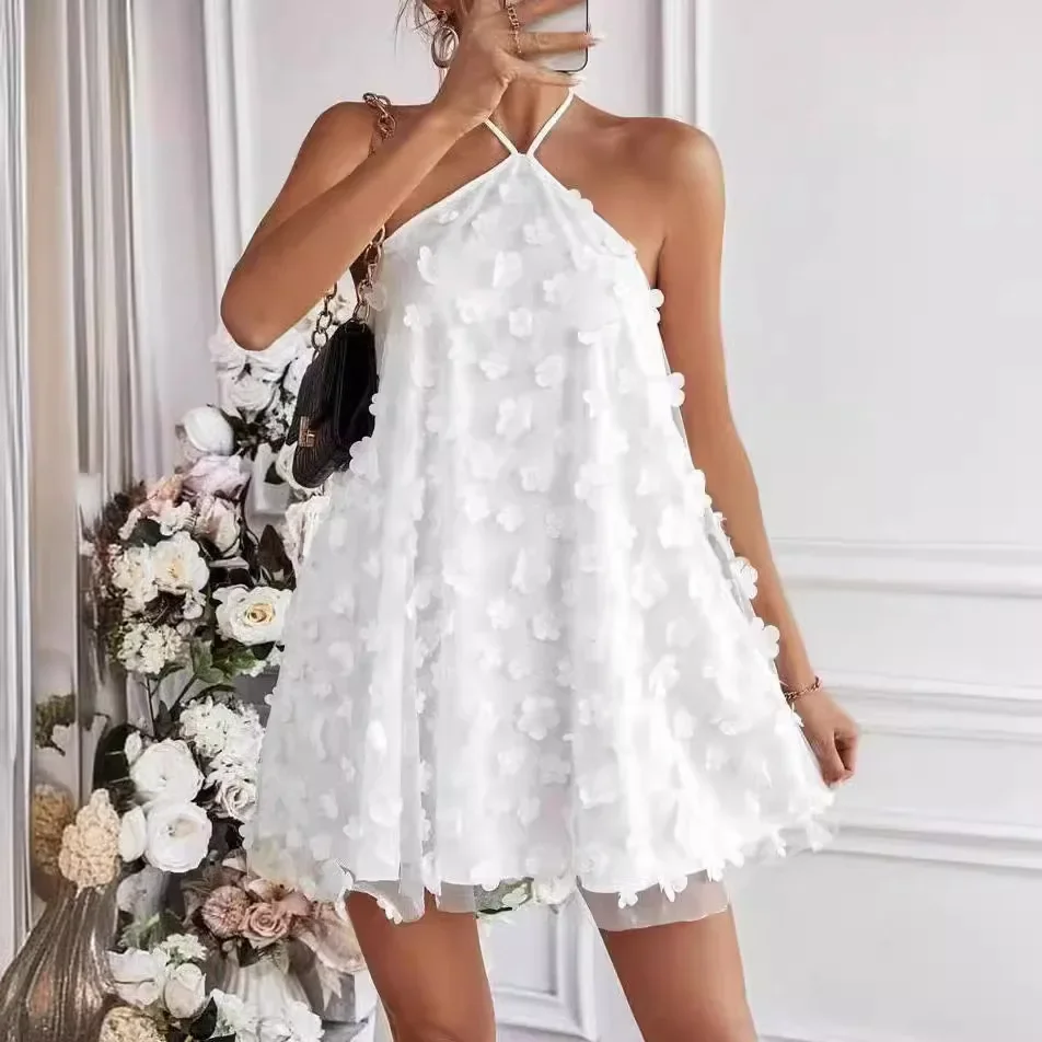 

Sexy Halter Mini Skirt Women Summer New Mesh Three-Dimensional Flower Lace Backless Dress